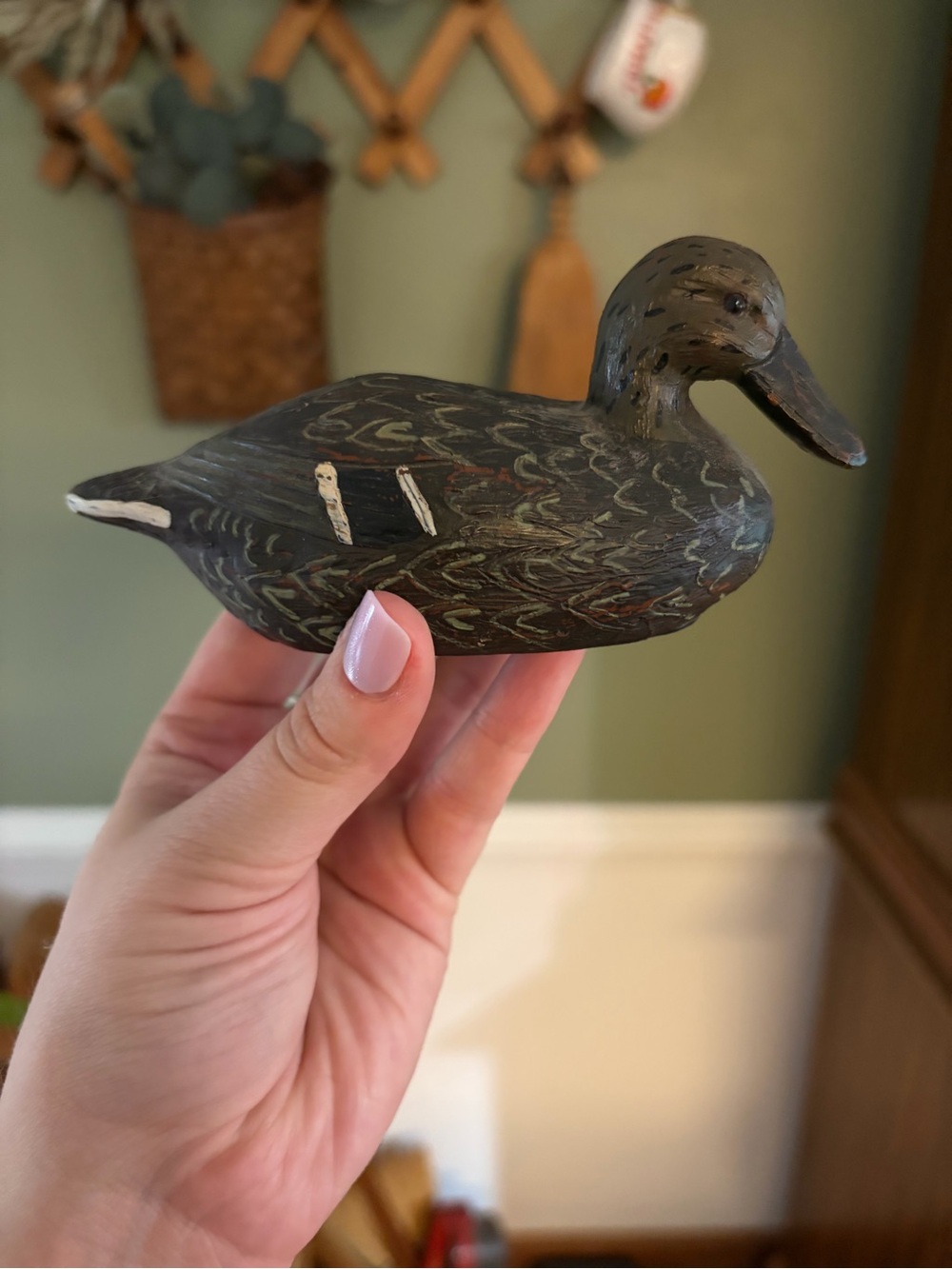 Hand-Carved Decorative Bird Figurine - Olive Green